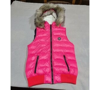 American Eagle Neon Pink Down Sleeveless Puffer Vest Faux Fur Hood Women Small